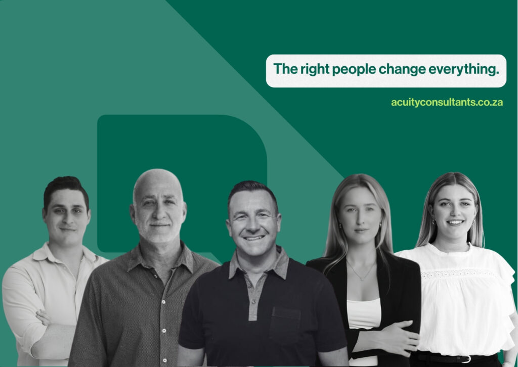 Acuity Consultants leadership and recruitment team with the tagline "The right people change everything"